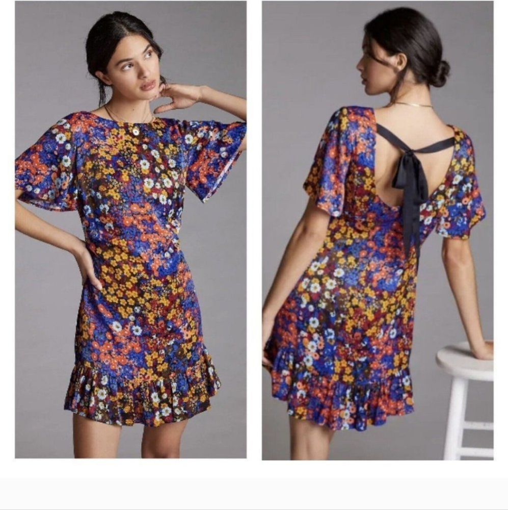 NWT Anthropologie Ruffled Satin Mini Dress Size 8Floral Open Low Back Bow Black